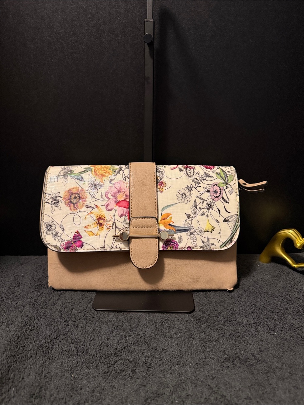 Floral Print Beige Crossbody Bag with Strap Accent - Women's Crossbody